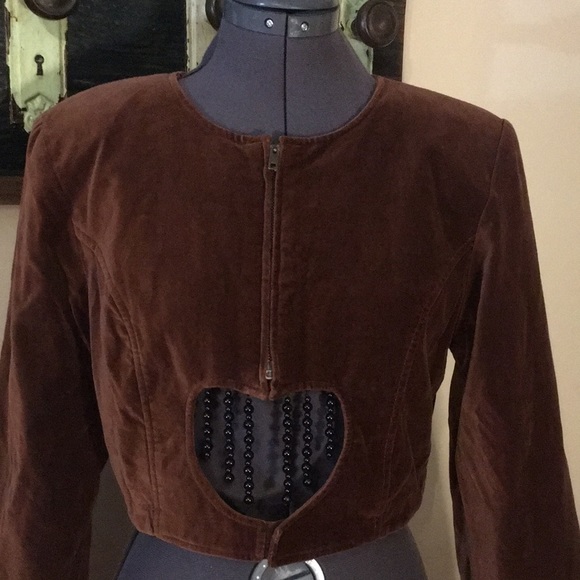Vintage Jump Velvet Brown Jacket with Beaded Heart Cut Out Size Small - Picture 3 of 14